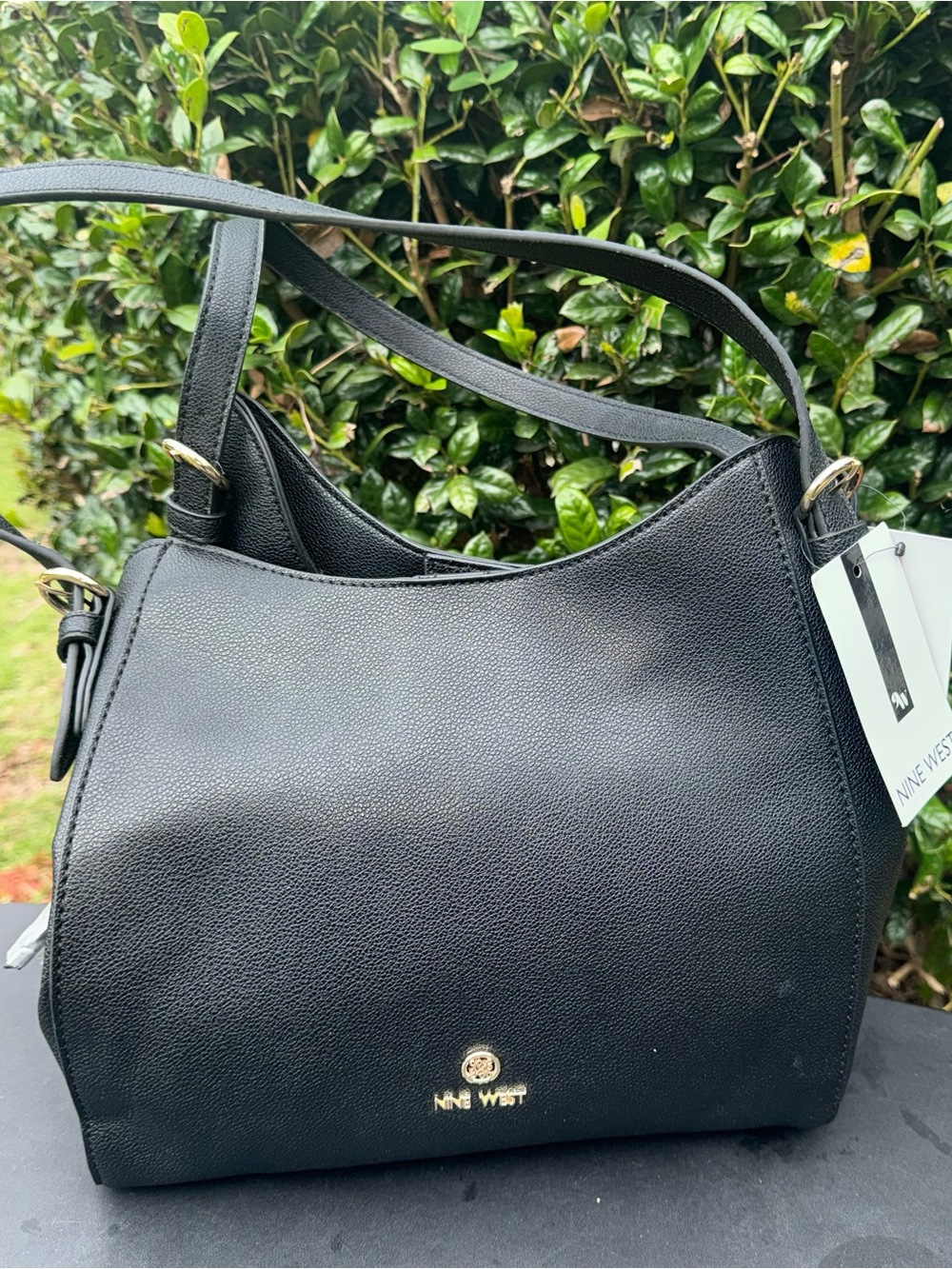 Nine West Black Triple Compartment Shoulder Tote with Gold Logo New with Tags